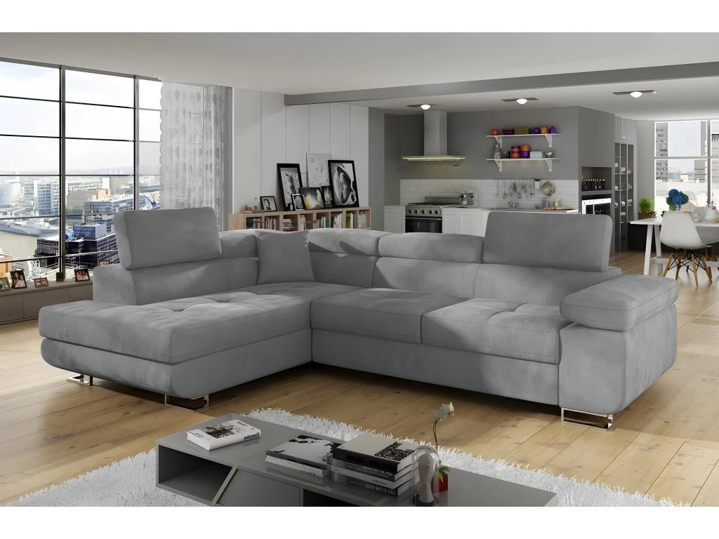 Canapé D'angle Convertible En Tissu Luxe 5 Places, Avec Coffre, Gris Clair, Angle Gauche (vu De Face), ANNECY VELOURS 1 Canapé D'angle Convertible En Tissu Luxe 5 Places, Avec Coffre, Gris Clair, Angle Gauche (vu De Face), ANNECY VELOURS