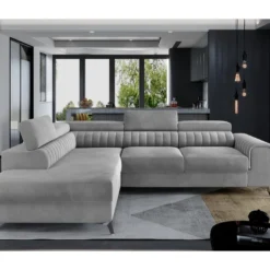 Canapé D'angle Convertible - LARRY VELOURS - En Tissu Luxe, 5 Places, Gris , Angle Gauche (vu De Face)