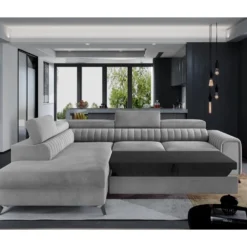 Canapé D'angle Convertible - LARRY VELOURS - En Tissu Luxe, 5 Places, Gris , Angle Gauche (vu De Face) -Promos Chesteris Boutique canape 9482499