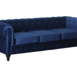 Canapé Fixe Chesterfield Velours "Aliza" - 208 X 82 X 70 Cm - 3 Places - Bleu Marine