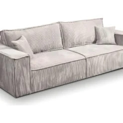 Canapé Convertible 4 Places Avec Coffre Isaac Velours Côtelé Blanc Cassé