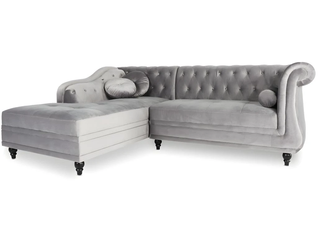 Canapé D'angle Gauche Empire Velours Argent Style Chesterfield 2 Canapé D'angle Gauche Empire Velours Argent Style Chesterfield – Image 2