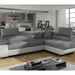 Canapé D'angle Convertible En Tissu Luxe Et Simili Cuir 5 Places, Coffre, Gris / Blanc Cassé, Angle Droit (vu De Face), ANNECY MIX