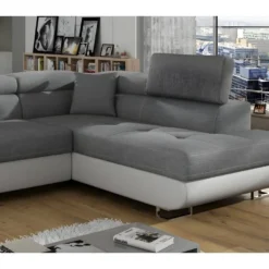 Canapé D'angle Convertible En Tissu Luxe Et Simili Cuir 5 Places, Coffre, Gris / Blanc Cassé, Angle Droit (vu De Face), ANNECY MIX -Promos Chesteris Boutique canape 9989529