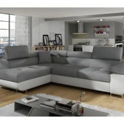 Canapé D'angle Convertible En Tissu Luxe Et Simili Cuir 5 Places, Coffre, Gris / Blanc Cassé, Angle Gauche (vu De Face), ANNECY MIX