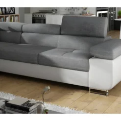 Canapé D'angle Convertible En Tissu Luxe Et Simili Cuir 5 Places, Coffre, Gris / Blanc Cassé, Angle Gauche (vu De Face), ANNECY MIX -Promos Chesteris Boutique canape 9989799