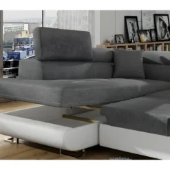 Canapé D'angle Convertible En Tissu Luxe Et Simili Cuir 5 Places, Coffre, Gris / Blanc Cassé, Angle Gauche (vu De Face), ANNECY MIX -Promos Chesteris Boutique canape 9989803