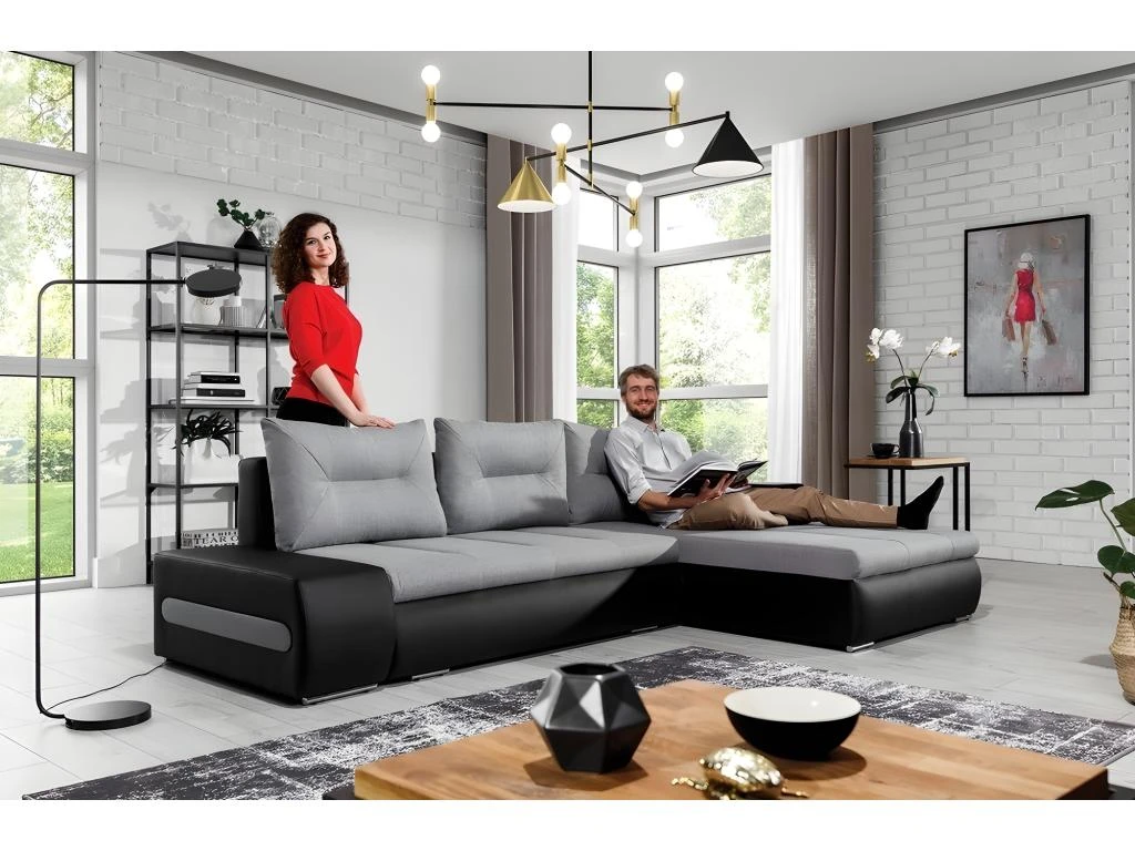 Canapé D'angle Convertible En Tissu Luxe Gris Et Simili Cuir Noir, 5 Places, Angle Droit (vu De Face) - OTELLO 2 Canapé D'angle Convertible En Tissu Luxe Gris Et Simili Cuir Noir, 5 Places, Angle Droit (vu De Face) - OTELLO – Image 2