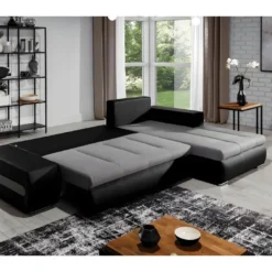 Canapé D'angle Convertible En Tissu Luxe Gris Et Simili Cuir Noir, 5 Places, Angle Droit (vu De Face) - OTELLO 7 Canapé D'angle Convertible En Tissu Luxe Gris Et Simili Cuir Noir, 5 Places, Angle Droit (vu De Face) - OTELLO -Promos Chesteris Boutique canape 9992431