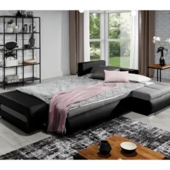 Canapé D'angle Convertible En Tissu Luxe Gris Et Simili Cuir Noir, 5 Places, Angle Droit (vu De Face) - OTELLO 9 Canapé D'angle Convertible En Tissu Luxe Gris Et Simili Cuir Noir, 5 Places, Angle Droit (vu De Face) - OTELLO -Promos Chesteris Boutique canape 9992435