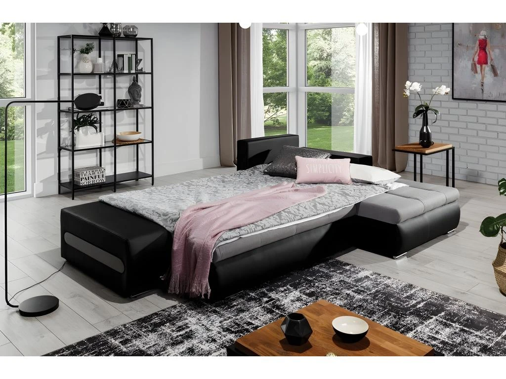 Canapé D'angle Convertible En Tissu Luxe Gris Et Simili Cuir Noir, 5 Places, Angle Droit (vu De Face) - OTELLO 5 Canapé D'angle Convertible En Tissu Luxe Gris Et Simili Cuir Noir, 5 Places, Angle Droit (vu De Face) - OTELLO – Image 5