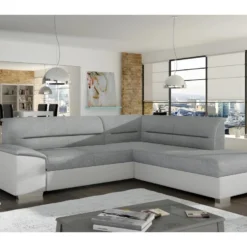 Canapé D'angle Convertible En Tissu Luxe Gris Et Simili Cuir Blanc Cassé, 5 Places, Avec Coffre, Angle Droit (vu De Face), VERTU MIX