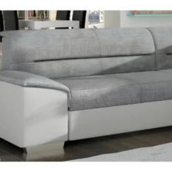 Canapé D'angle Convertible En Tissu Luxe Gris Et Simili Cuir Blanc Cassé, 5 Places, Avec Coffre, Angle Droit (vu De Face), VERTU MIX -Promos Chesteris Boutique canape 9992441