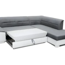 Canapé D'angle Convertible En Tissu Luxe Gris Et Simili Cuir Blanc Cassé, 5 Places, Avec Coffre, Angle Droit (vu De Face), VERTU MIX -Promos Chesteris Boutique canape 9992443