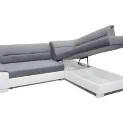 Canapé D'angle Convertible En Tissu Luxe Gris Et Simili Cuir Blanc Cassé, 5 Places, Avec Coffre, Angle Droit (vu De Face), VERTU MIX -Promos Chesteris Boutique canape 9992445