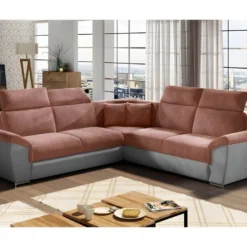 Canapé D'angle - Convertible - FELIPE VELOURS - En Tissu Luxe Rose Pale Et Gris, 5/6 Places