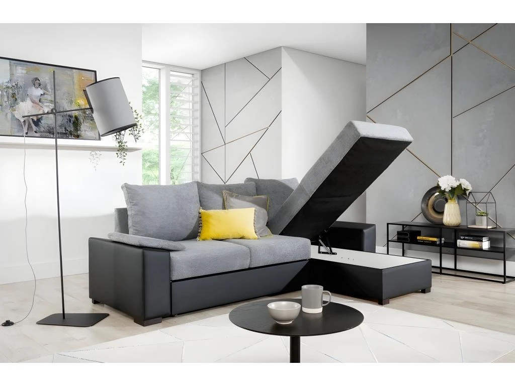Canapé D'angle Convertible - En Tissu Gris Et Simili Noir, Angle Droit (vu De Face) - LUCAS 4 Canapé D'angle Convertible - En Tissu Gris Et Simili Noir, Angle Droit (vu De Face) - LUCAS – Image 4