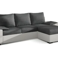 Canapé D'angle Convertible En Tissu Gris Et Simili Blanc, Angle Droit (vu De Face), LUCAS