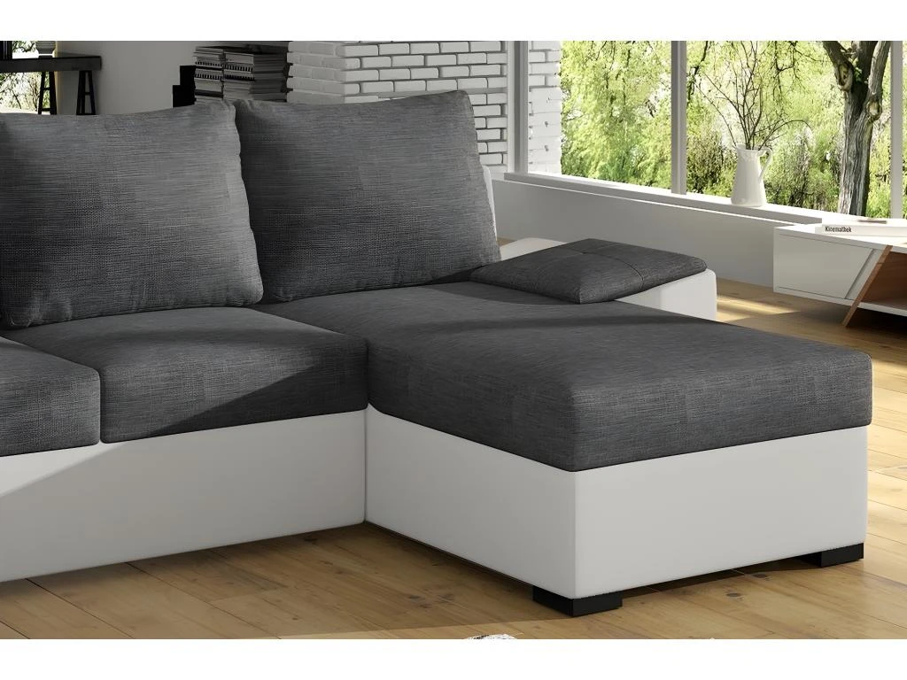 Canapé D'angle Convertible En Tissu Gris Et Simili Blanc, Angle Droit (vu De Face), LUCAS 2 Canapé D'angle Convertible En Tissu Gris Et Simili Blanc, Angle Droit (vu De Face), LUCAS – Image 2