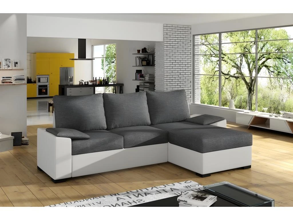 Canapé D'angle Convertible En Tissu Gris Et Simili Blanc, Angle Droit (vu De Face), LUCAS 3 Canapé D'angle Convertible En Tissu Gris Et Simili Blanc, Angle Droit (vu De Face), LUCAS – Image 3