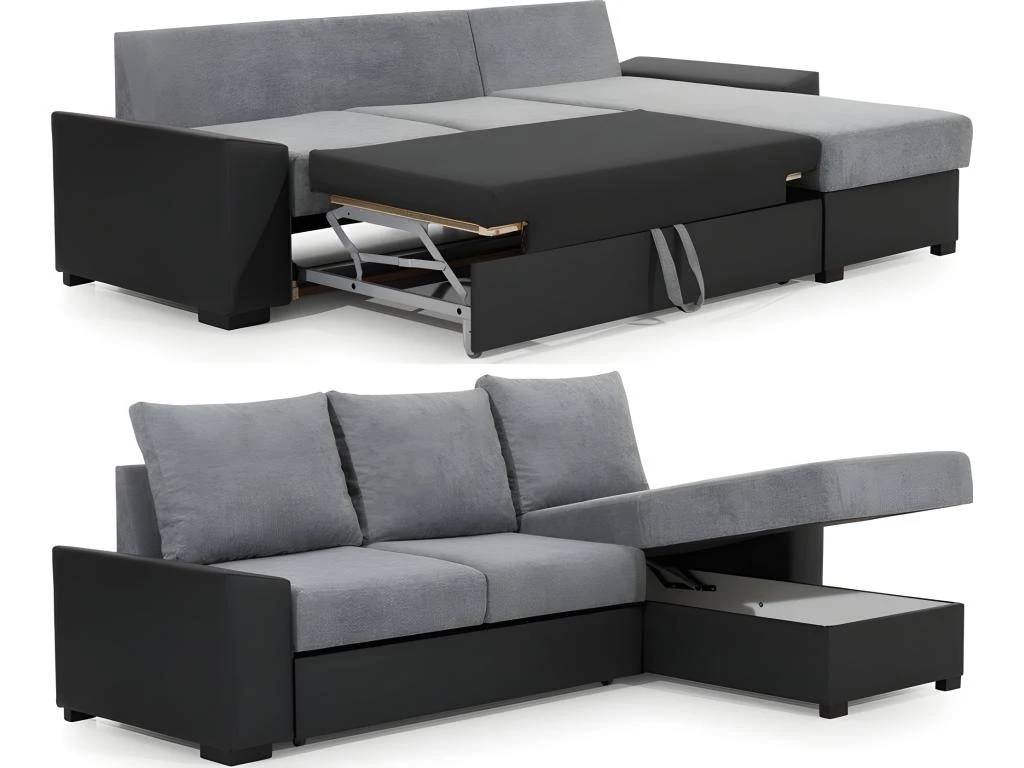 Canapé D'angle Convertible En Tissu Gris Et Simili Blanc, Angle Droit (vu De Face), LUCAS 4 Canapé D'angle Convertible En Tissu Gris Et Simili Blanc, Angle Droit (vu De Face), LUCAS – Image 4