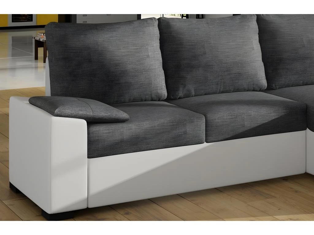 Canapé D'angle Convertible En Tissu Gris Et Simili Blanc, Angle Droit (vu De Face), LUCAS 5 Canapé D'angle Convertible En Tissu Gris Et Simili Blanc, Angle Droit (vu De Face), LUCAS – Image 5