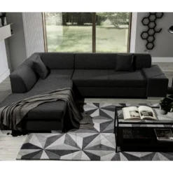 Canapé D'angle Convertible En Tissu Luxe 5 Places, Coffre - Noir, Angle Gauche (vu De Face), PORTOFINO