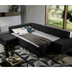 Canapé D'angle Convertible En Tissu Luxe 5 Places, Coffre - Noir, Angle Gauche (vu De Face), PORTOFINO -Promos Chesteris Boutique canape 9992759