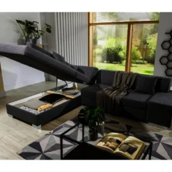 Canapé D'angle Convertible En Tissu Luxe 5 Places, Coffre - Noir, Angle Gauche (vu De Face), PORTOFINO -Promos Chesteris Boutique canape 9992761