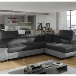 Canapé D'angle Convertible En Tissu Luxe 5 Places, Avec Coffre, Gris Foncé / Gris Clair, Angle Droit (vu De Face), ANNECY VELOURS