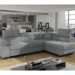 Canapé D'angle Convertible En Tissu Luxe 5 Places, ANNECY VELOURS, Couleur Gris Clair, Angle Droit (vu De Face)