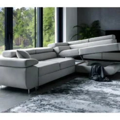 Canapé D'angle Convertible En Tissu Luxe 5 Places, ANNECY VELOURS, Couleur Gris Clair, Angle Droit (vu De Face) -Promos Chesteris Boutique canape 9992897