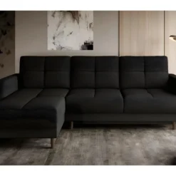 Canapé D'angle Convertible En Tissu Luxe, Rangement - Noir, Angle Gauche (vu De Face), ROXANE