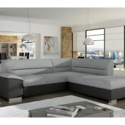 Canapé D'angle Convertible En Tissu Luxe Gris Et Simili Cuir Noir, 5 Places, Avec Coffre, Angle Droit (vu De Face), VERTU MIX