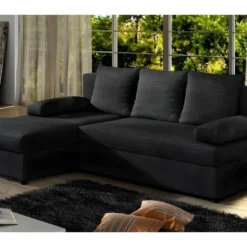 Canapé D'angle Convertible - GILO - En Tissu Luxe 3/4 Places, Noir, Angle Gauche (vu De Face)