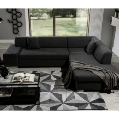 Canapé D'angle Convertible En Tissu Luxe 5 Places, Coffre, Noir, Angle Droit (vu De Face), PORTOFINO