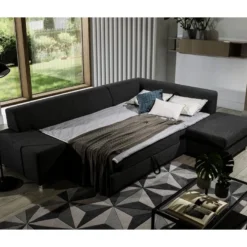 Canapé D'angle Convertible En Tissu Luxe 5 Places, Coffre, Noir, Angle Droit (vu De Face), PORTOFINO -Promos Chesteris Boutique canape 9993377