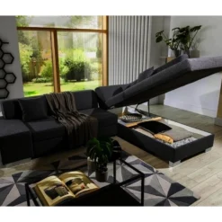 Canapé D'angle Convertible En Tissu Luxe 5 Places, Coffre, Noir, Angle Droit (vu De Face), PORTOFINO -Promos Chesteris Boutique canape 9993379