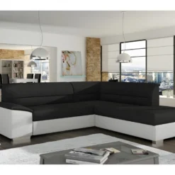 Canapé D'angle Convertible En Tissu Luxe Noir Et Simili Cuir Blanc Cassé, 5 Places, Avec Coffre, Angle Droit (vu De Face), VERTU MIX