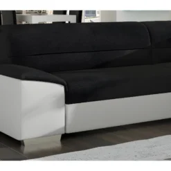 Canapé D'angle Convertible En Tissu Luxe Noir Et Simili Cuir Blanc Cassé, 5 Places, Avec Coffre, Angle Droit (vu De Face), VERTU MIX -Promos Chesteris Boutique canape 9993517