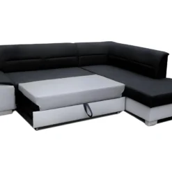 Canapé D'angle Convertible En Tissu Luxe Noir Et Simili Cuir Blanc Cassé, 5 Places, Avec Coffre, Angle Droit (vu De Face), VERTU MIX -Promos Chesteris Boutique canape 9993519