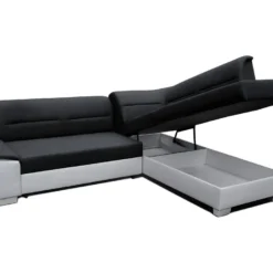 Canapé D'angle Convertible En Tissu Luxe Noir Et Simili Cuir Blanc Cassé, 5 Places, Avec Coffre, Angle Droit (vu De Face), VERTU MIX -Promos Chesteris Boutique canape 9993521