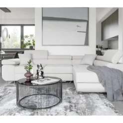 Canapé D'angle Convertible En Tissu Luxe 5 Places, ANNECY VELOURS Luxe, Couleur Blanc, Angle Droit (vu De Face)