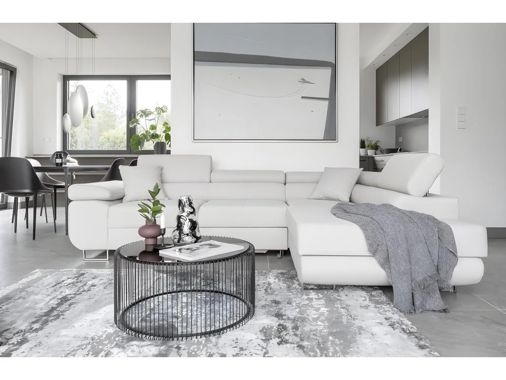 Canapé D'angle Convertible En Tissu Luxe 5 Places, ANNECY VELOURS Luxe, Couleur Blanc, Angle Droit (vu De Face) 1 Canapé D'angle Convertible En Tissu Luxe 5 Places, ANNECY VELOURS Luxe, Couleur Blanc, Angle Droit (vu De Face)