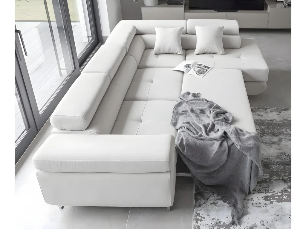 Canapé D'angle Convertible En Tissu Luxe 5 Places, ANNECY VELOURS Luxe, Couleur Blanc, Angle Droit (vu De Face) 2 Canapé D'angle Convertible En Tissu Luxe 5 Places, ANNECY VELOURS Luxe, Couleur Blanc, Angle Droit (vu De Face) – Image 2