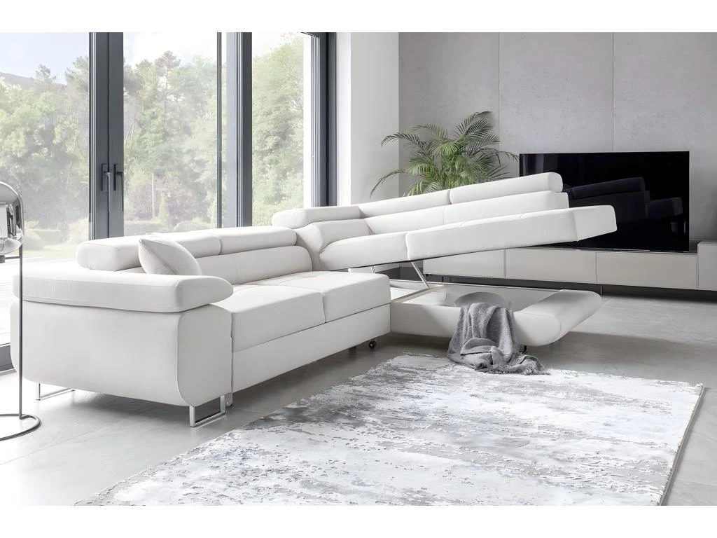 Canapé D'angle Convertible En Tissu Luxe 5 Places, ANNECY VELOURS Luxe, Couleur Blanc, Angle Droit (vu De Face) 3 Canapé D'angle Convertible En Tissu Luxe 5 Places, ANNECY VELOURS Luxe, Couleur Blanc, Angle Droit (vu De Face) – Image 3