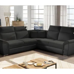 Canapé D'angle - Convertible - FELIPE - En Tissu Noir Et Simili Cuir Noir, 5/6 Places