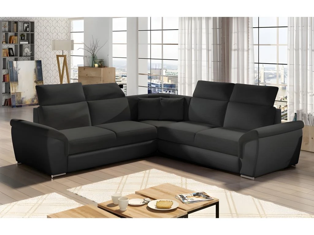 Canapé D'angle - Convertible - FELIPE - En Tissu Noir Et Simili Cuir Noir, 5/6 Places 1 Canapé D'angle - Convertible - FELIPE - En Tissu Noir Et Simili Cuir Noir, 5/6 Places