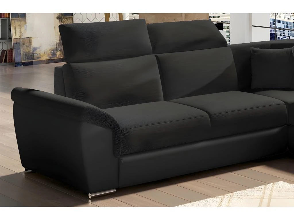 Canapé D'angle - Convertible - FELIPE - En Tissu Noir Et Simili Cuir Noir, 5/6 Places 2 Canapé D'angle - Convertible - FELIPE - En Tissu Noir Et Simili Cuir Noir, 5/6 Places – Image 2