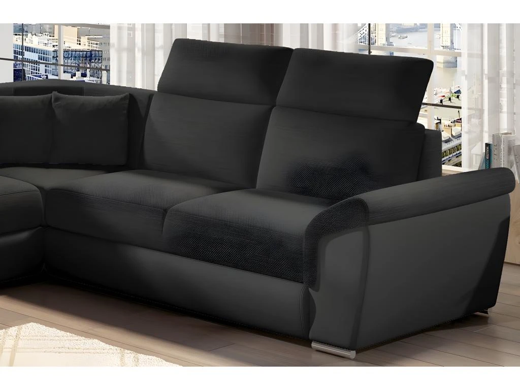 Canapé D'angle - Convertible - FELIPE - En Tissu Noir Et Simili Cuir Noir, 5/6 Places 5 Canapé D'angle - Convertible - FELIPE - En Tissu Noir Et Simili Cuir Noir, 5/6 Places – Image 5